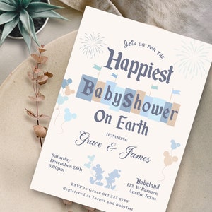 Invito per il baby shower più felice del mondo, invito per il baby shower Disneyland, baby shower di Topolino, baby shower di Minnie, digitale, stampabile