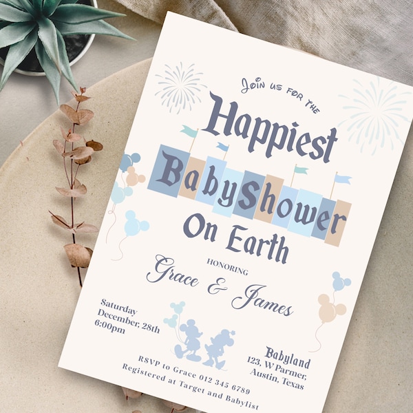 Happiest Baby Shower On Earth Invitation, Disneyland Baby Shower Invitation, Mickey Baby Shower, Minnie Baby Shower, Digital, Printable