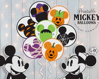 May include: Printable Mickey Mouse Halloween balloon designs.  The designs include Mickey Mouse dressed as a pumpkin, a mummy, a ghost, a witch, and a spider.  The text "Printable Mickey Balloons Instant Download" is in the upper right corner of the image.