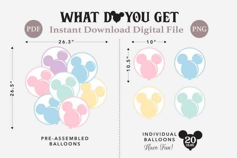 Printable Pastel Mickey Balloons, Disneyland Baby Shower Stand Up Prop, Mickey Birthday Party Decoration, Digital file image 2