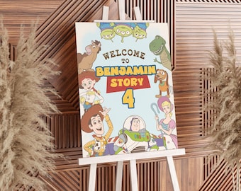 Letrero de bienvenida de cumpleaños de Toy Story, letrero de cumpleaños de Woody, letrero de cumpleaños de Buzz Lightyear, digital, imprimible