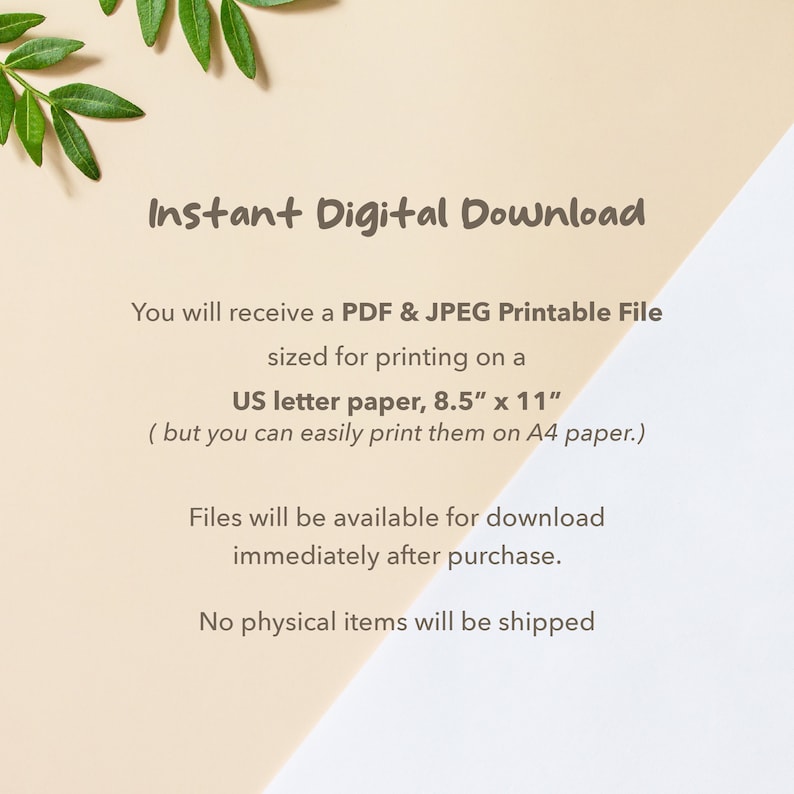 Op de afbeelding: Cr&egrave;mekleurige achtergrond met tekst: "Directe digitale download." Details omvatten afdrukbare PDF- en JPEG-bestanden, geformatteerd voor US letter papier (21,6 cm x 27,9 cm). Bestanden zijn direct na aankoop beschikbaar. Er worden geen fysieke items verzonden.