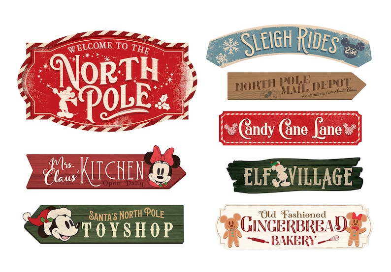 May include: Nine vintage-style wooden signs with a Christmas theme featuring Mickey Mouse and Minnie Mouse characters. The signs feature text such as "Welcome to the North Pole", "Sleigh Rides", "Candy Cane Lane", "Elf Village", "Mrs. Claus Kitchen", "Santa's North Pole Toy Shop", and "Old Fashioned Gingerbread Bakery".