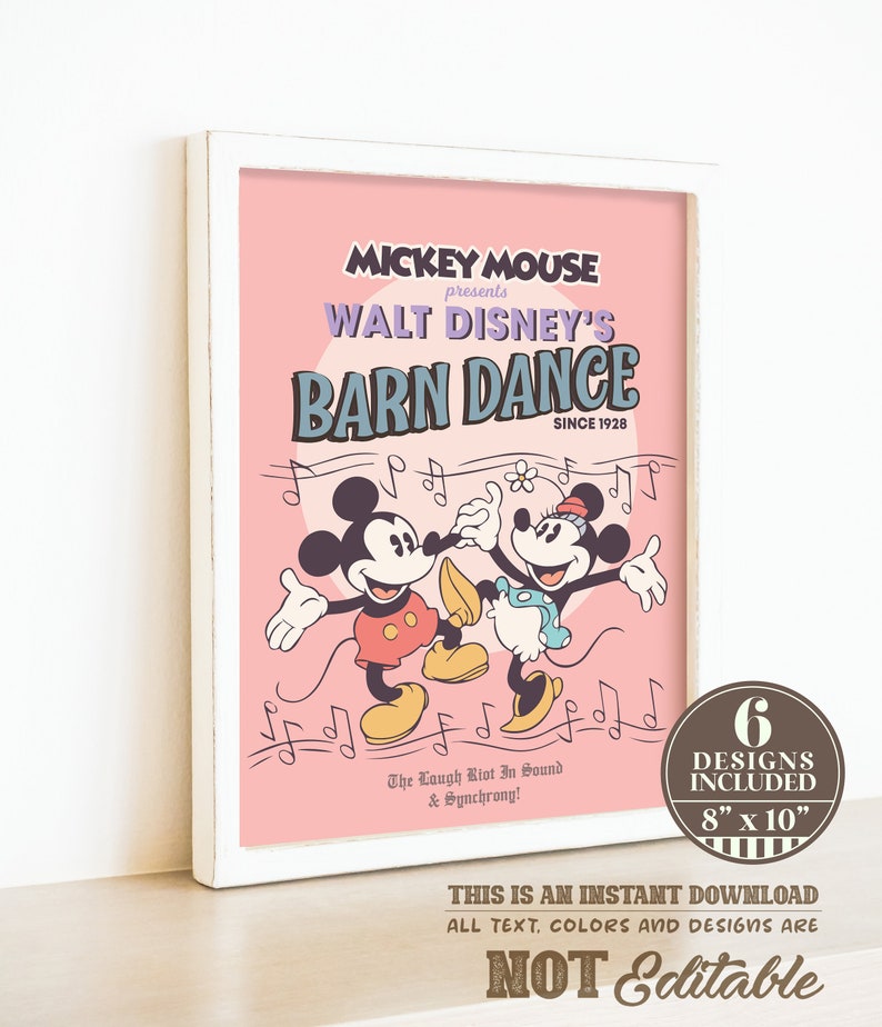 Puede incluir: Un p&oacute;ster imprimible rosa con Mickey Mouse y Minnie Mouse bailando con notas musicales. El p&oacute;ster dice "Mickey Mouse presenta Walt Disney's Barn Dance Since 1928". El p&oacute;ster mide 20,3 cm por 25,4 cm e incluye 6 dise&ntilde;os.