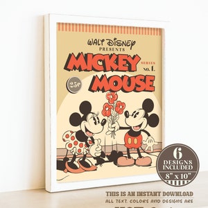 May include: A vintage-style printable poster featuring Mickey Mouse and Minnie Mouse. The poster is in a yellow, orange, and red colour scheme and features the text "Walt Disney Presents Mickey Mouse Series No. 1. 25c".