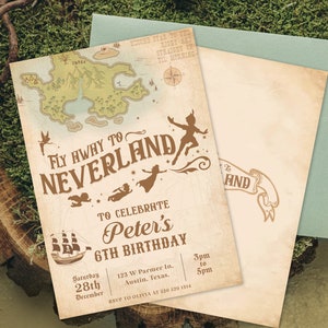 Faire-part d&#39;anniversaire Peter Pan, Invitation d&#39;anniversaire au pays imaginaire, fête Never Grow Up, garçons perdus, numérique, imprimable