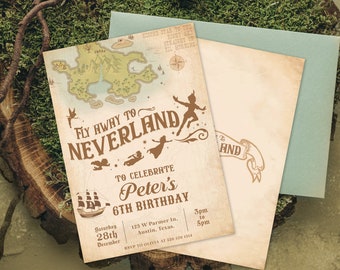 Peter Pan verjaardagsuitnodiging, Neverland verjaardagsuitnodiging, Never Grow Up Party, Lost Boys, digitaal, afdrukbaar