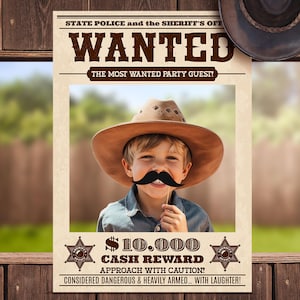 Cornice per foto stampabile Wanted, festa di compleanno di Topolino Cowboy Rodeo, Minnie Cowgirl, decorazione per festa del selvaggio West, file digitale