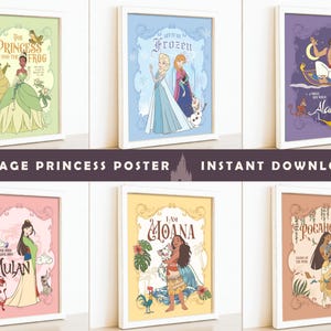 Vintage Prinzessin Poster zum Ausdrucken, Disneyland Party Dekoration, Jasmin, Tiana, Elsa & Anna, Pocahontas, Mulan, Moana, digitale Datei