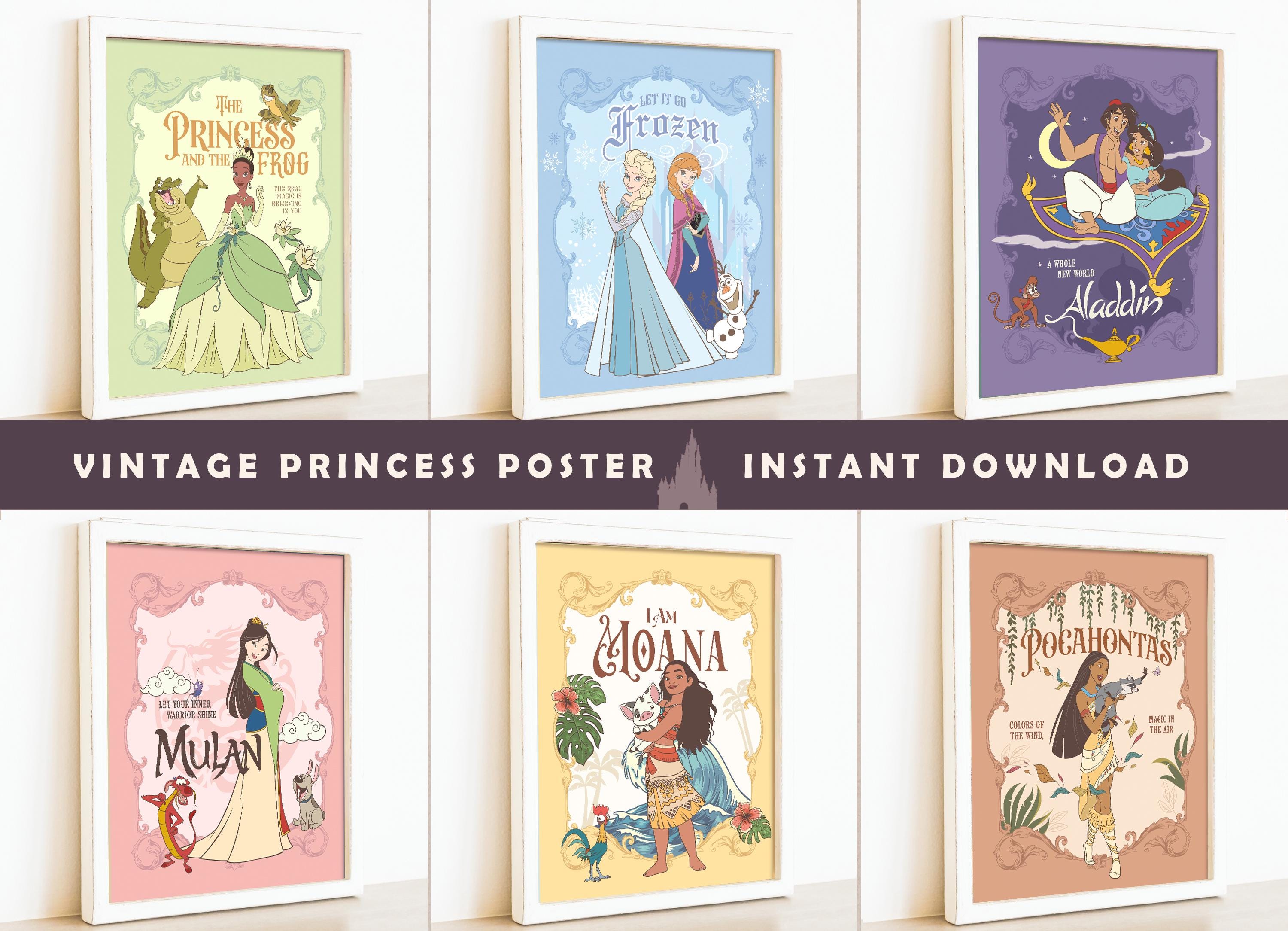 Printable Vintage Princess Poster, Disneyland Party Decoration, Jasmine, Tiana, Elsa & Anna, Pocahontas, Mulan, Moana, Digital file
