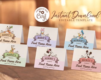 May include: Six printable food tent cards featuring Disney characters. Each card has a different character, including Mickey Mouse, Minnie Mouse, Pluto, Goofy, Daisy Duck, and Donald Duck. The cards are designed for a party or event and include the text "Food Name Here".