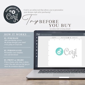 May include: A laptop computer screen displaying a website with the text "Corjl" and a graphic of a gear. The text "Try Before You Buy" is displayed on the screen. The text "See demo link in listing details" is also displayed on the screen. The laptop is on a wooden surface.