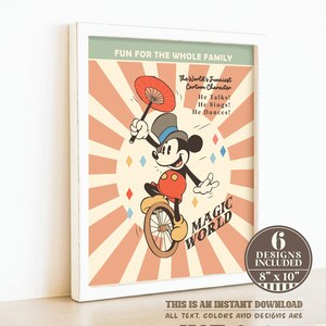 May include: A vintage-style poster featuring Mickey Mouse riding a unicycle with a red and white striped umbrella. The poster has a red, white, and yellow colour scheme and says "Magic World" in a retro font. The poster is 8 inches by 10 inches and is part of a set of 6 designs.