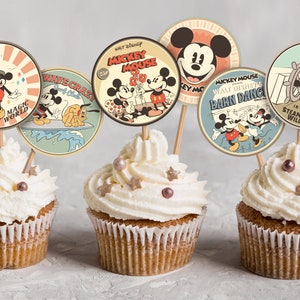 Printable Vintage Mickey Cupcake Toppers, Mickey Birthday Party Decoration, Disney Party, Digital file