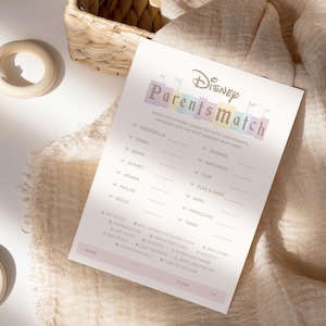 May include: A printable Disney-themed game for parents to play. The game is called "Parents Match" and asks players to match Disney characters with their parents. The game is printed on white paper with a pink, blue, and yellow color scheme.