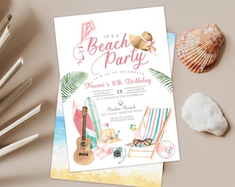 May include: A beach-themed birthday party invitation with a pink and white color scheme. The invitation features a watercolor illustration of a beach scene with a surfboard, a guitar, a beach towel, a camera, a beach chair, a beach ball, a hat, and a kite. The text on the invitation reads "It's a Beach Party" and "Naomi's 16th Birthday".