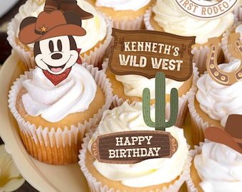 May include: A set of cupcake toppers featuring a Mickey Mouse character in a cowboy hat, a sheriff's star, a cactus, a horseshoe, a boot, and a sign that says "Kenneth's Wild West".