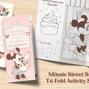 Wydrukuj arkusz aktywności Minnie, Kolorowanka Main Street Sweet Store, Arkusz aktywności dla dzieci, Cyfrowy, Wydrukuj