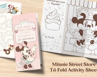 Afdrukbaar Minnie-activiteitenblad, kleurplaat Main Street Sweet Store, kinderactiviteitenblad, digitaal, afdrukbaar