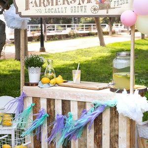 May include: A wooden lemonade stand with a sign that reads "Benjamin's Farmers Market Locally Grown Fresh". The stand is decorated with a white paper tassel garland, lemons, and a pitcher of lemonade.