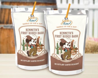 May include: Two brown and white juice pouches with a cowboy Mickey Mouse character on the front. The pouches have a straw sticking out of the top and say "Yee Haw" and "Saddle Up For A Sip!"  The text also says "Kenneth's First Rodeo Bash" and "No Outlaw Leaves Hungry!"
