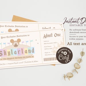May include: Editable printable ticket template for a birthday party. The ticket is designed to look like an amusement park ticket with a cartoon castle and flags. The text on the ticket says "Your Exclusive Invitation to Skylarland The Happiest Birthday On Earth". The ticket also says "Admit One" and has a space for the date and time. The template is customizable with the text "Personalize with Corjl".
