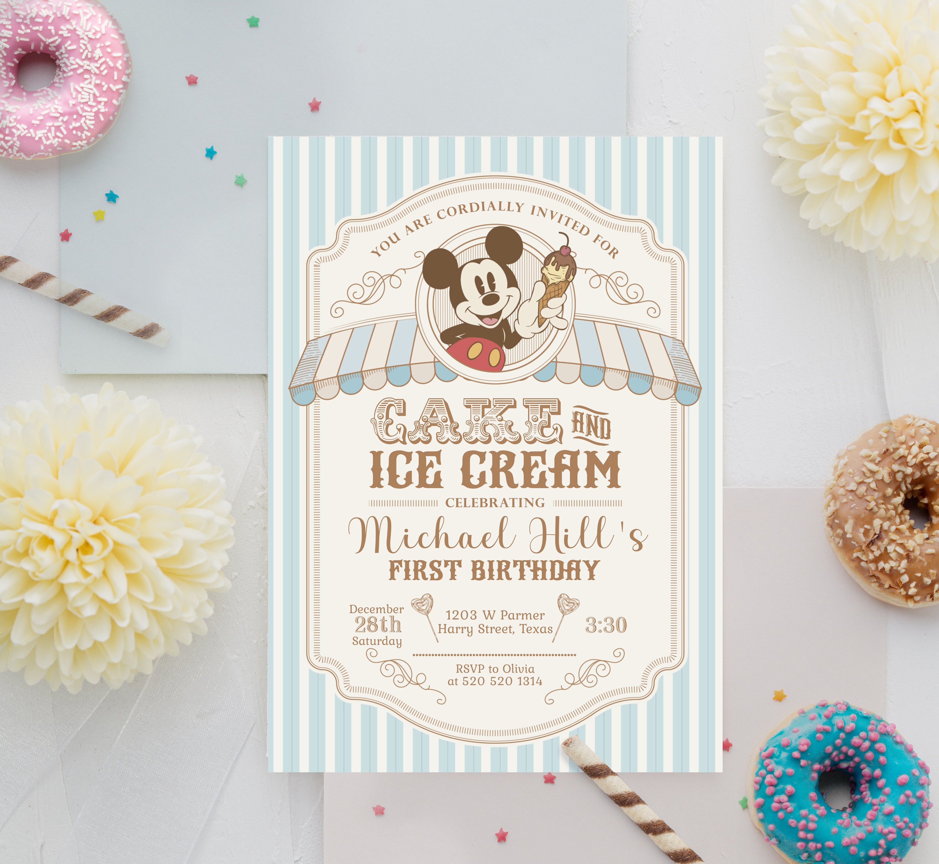 Vintage Mickey Birthday Invitation, Disneyland Birthday Invitation, Ice Cream Birthday, Invitation, Digital, Printable
