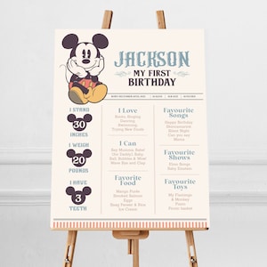 Póster editable de hitos de Mickey, cartel imprimible de hitos del primer cumpleaños del bebé, archivo digital