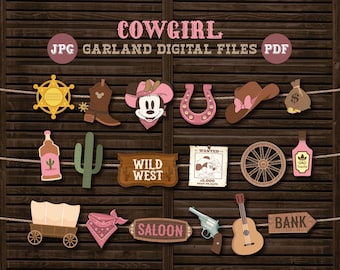 Utskrivbar Minnie Cowgirl-banderoll, Rodeo-födelsedagsfestgirland, Minnie Wild West-babyshowerdekoration, digital fil