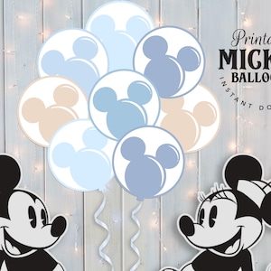 Puede incluir: Recortes de globos de Mickey Mouse imprimibles en azul y beige. Los globos presentan las icónicas orejas de Mickey Mouse. El texto "Printable Mickey Balloons Instant Download" es visible en la imagen.