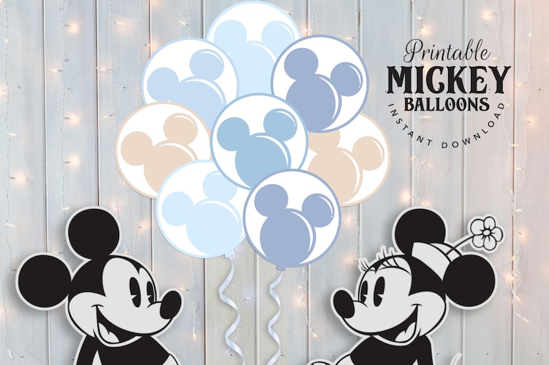 May include: Printable Mickey Mouse balloon cutouts in blue and beige colours. The balloons feature Mickey Mouse's iconic ears. The text "Printable Mickey Balloons Instant Download" is visible in the image.