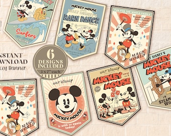 Printable Vintage Mickey Banner, Mickey Birthday Party Decoration, Disney Party, Digital file