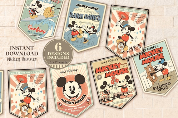 Printable Vintage Mickey Banner, Mickey Birthday Party Decoration, Disney Party, Digital file