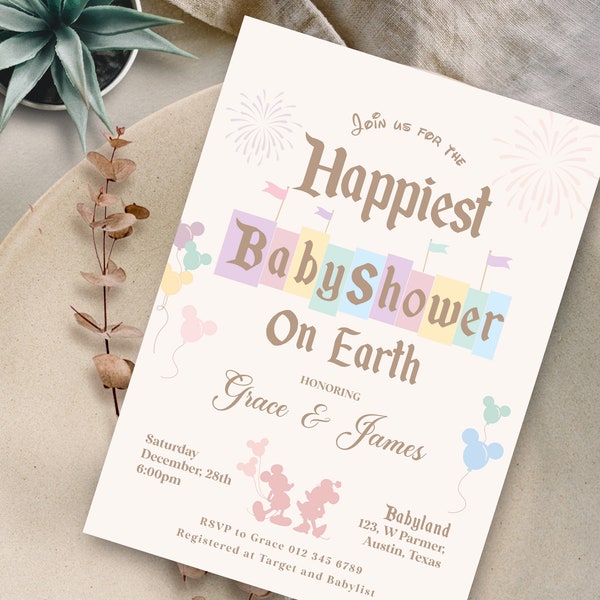 Faire-part de baby shower le plus heureux sur la terre, faire-part de baby shower Disneyland, baby shower de Mickey, baby shower de Minnie, numérique, imprimable