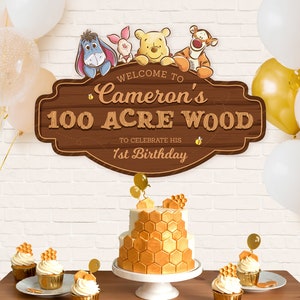 Winnie the Pooh Party Sign, Hundred Acre Wood Birthday, Classic Pooh Baby Shower Party Decoration, Digital file