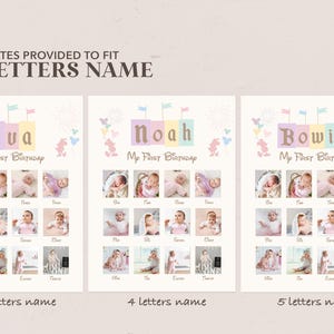 May include: Three printable templates for a baby's first birthday photo collage. The templates feature a pastel color scheme with a whimsical design of colorful blocks with a baby's name on them. The names shown are "Eva", "Noah", and "Bowie".