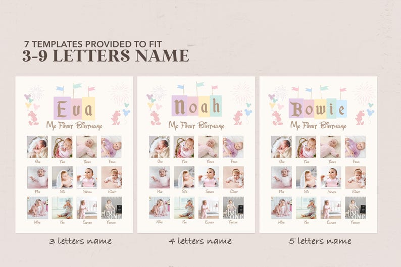 May include: Three printable templates for a baby's first birthday photo collage. The templates feature a pastel color scheme with a whimsical design of colorful blocks with a baby's name on them. The names shown are "Eva", "Noah", and "Bowie".