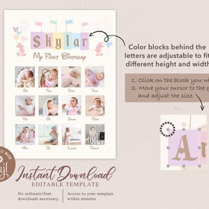 May include: A printable first birthday photo collage template featuring a colorful banner with the name "Skylar" and the text "My First Birthday". The template includes 12 photo spaces for pictures of the child.