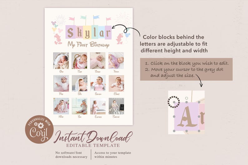 May include: A printable first birthday photo collage template featuring a colorful banner with the name "Skylar" and the text "My First Birthday". The template includes 12 photo spaces for pictures of the child.