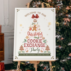 Pode incluir: Um cartaz branco com um tema de festa de troca de biscoitos de Natal vermelho e verde. O cartaz apresenta uma casa de gengibre, um homem de gengibre, bengalas de doces e uma árvore de Natal. O texto no cartaz diz "Bem-vindos à nossa festa de troca de biscoitos de Natal. É a época mais maravilhosa do ano!"