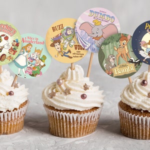 Printable Disney Cupcake Toppers, Disneyland Party Decor, Peter Pan, Alice in Wonderland, Toy Story, Dumbo, Pinocchio, Bambi, Digital file
