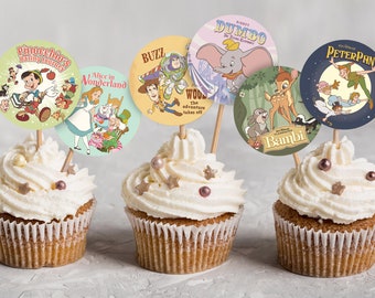 Printable Disney Cupcake Toppers, Disneyland Party Decor, Peter Pan, Alice in Wonderland, Toy Story, Dumbo, Pinocchio, Bambi, Digital file