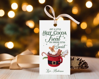 May include: A white gift tag with a red and white mug filled with hot cocoa, marshmallows, a candy cane, cinnamon sticks, and a gingerbread cookie. The text on the tag reads "Just a little Hot Cocoa Treat for someone extra Sweet" and "Love, Anderson".
