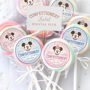 Bewerkbaar Mickey & Minnie Candy-label, Main Street Confectionery, Mickey Lollipop, Minnie Babyshower, Disneyland Verjaardag, Digitaal bestand