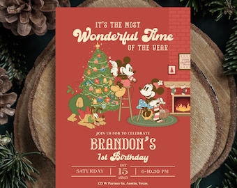 Mickey Christmas Birthday Invitation, Christmas Party Invitation, Vintage Minnie Birthday, Digital, Printable