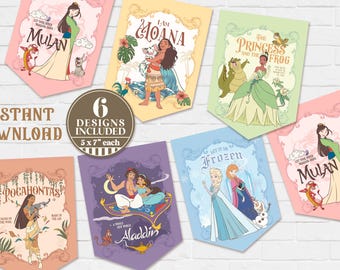 Bannière princesse imprimable, décoration de fête d'anniversaire Disneyland, jasmin, Tiana, Elsa et Anna, Pocahontas, Mulan, Moana, fichier numérique