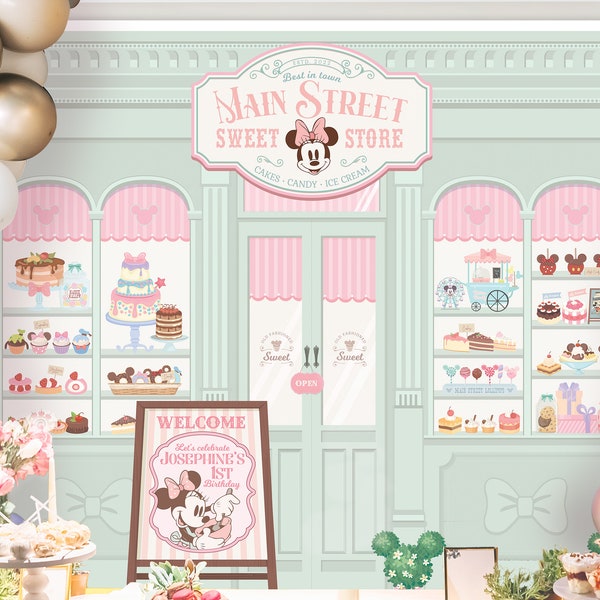 Telón de fondo editable de Minnie Sweet Store, tienda de dulces de Main Street, fiesta de Disney, decoración temática de dulces