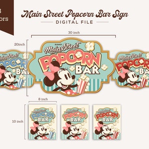 Puede incluir: Tres carteles imprimibles con una ilustraci&oacute;n de estilo vintage de Mickey Mouse con el texto "Main Street Popcorn Bar". Los carteles est&aacute;n disponibles en tres tama&ntilde;os diferentes: 50,8 cm por 20,3 cm, 76,2 cm por 20,3 cm y 25,4 cm por 20,3 cm.
