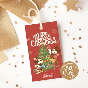 Bearbeitbare Mickey & Minnie Weihnachtsgeschenkanhänger, Urlaub Geschenkanhänger, frohe Weihnachtsleckereien Gunstbeutel Etikett, digital, druckbar