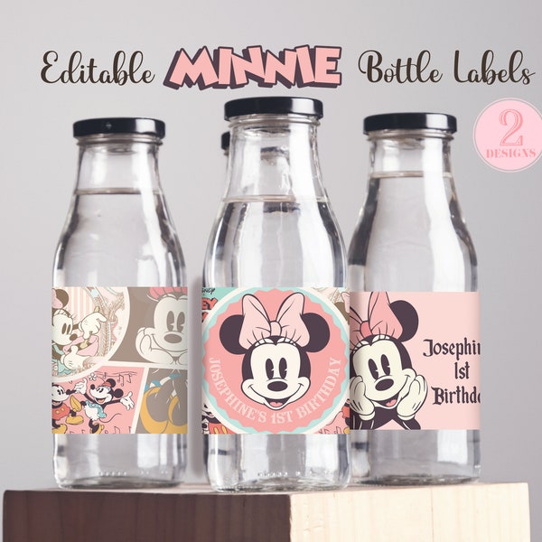 Printable Minnie Water Bottle Label, Vintage Minnie Label, Minnie Birthday, Magical Party Decoration, Digital file